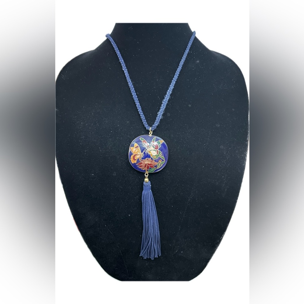 Vintage Cloisonné Pendant & Tassel Necklace
